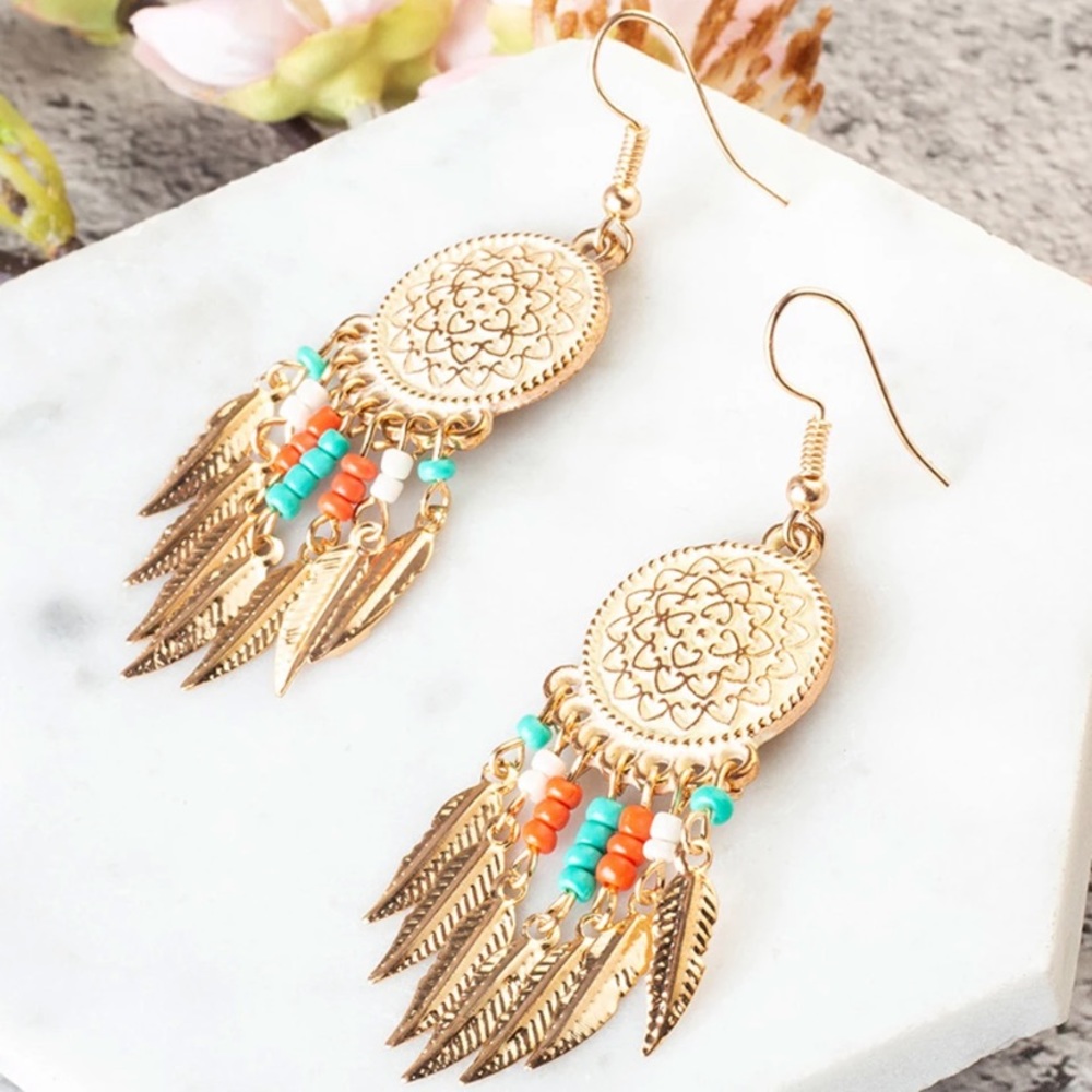 Gold Boho Western Feather Fringe Earrings - Picture 5 of 7